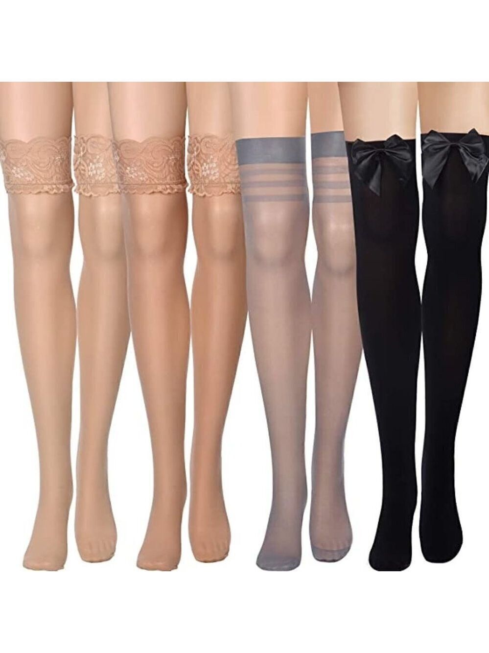 SILK Thigh High Stockings Women Lace Silicone Socks Satin Bow Top Sexy NWT